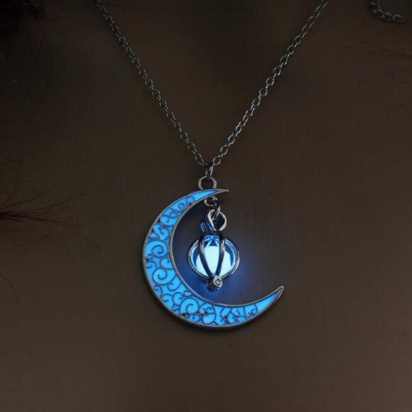 Other - Glow in The Dark Silver Crescent Moon and Orb Necklace - Glowing Blue Moon Charm